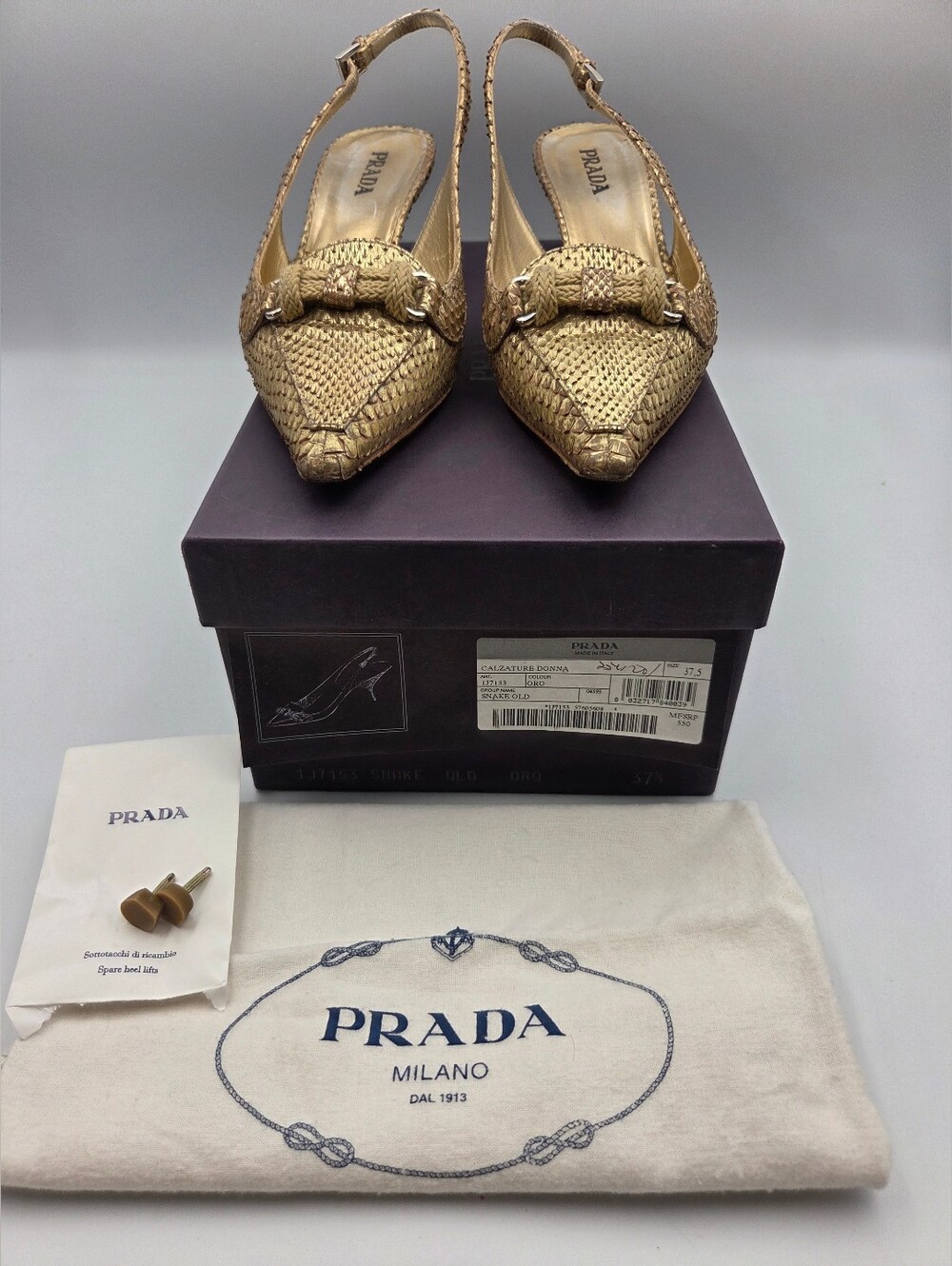 Pre- owned Prada snakeskin braided accents slingback pumps in a metallic gold